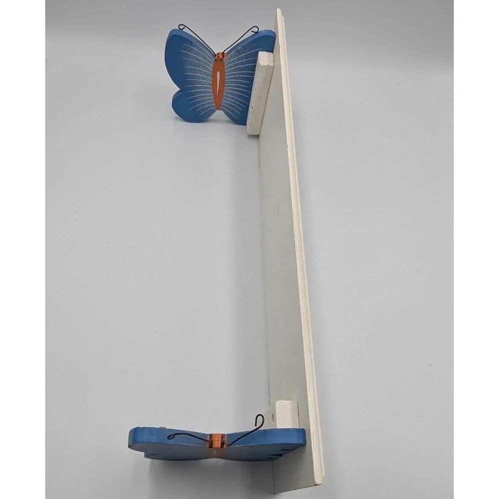 Wooden Floating Shelf Blue Butterfly Hand Painted White Whimsical